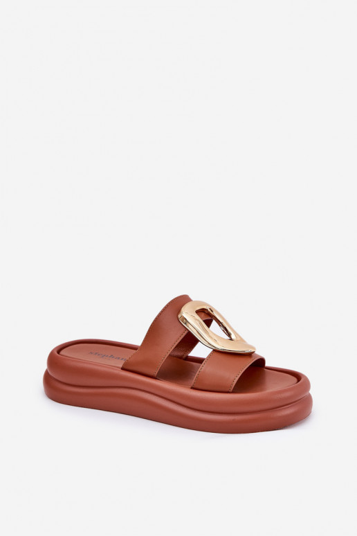 Moteriškos šlepetės su platforma Ze aukso spalvosm Detalem rudos spalvos Ularinea