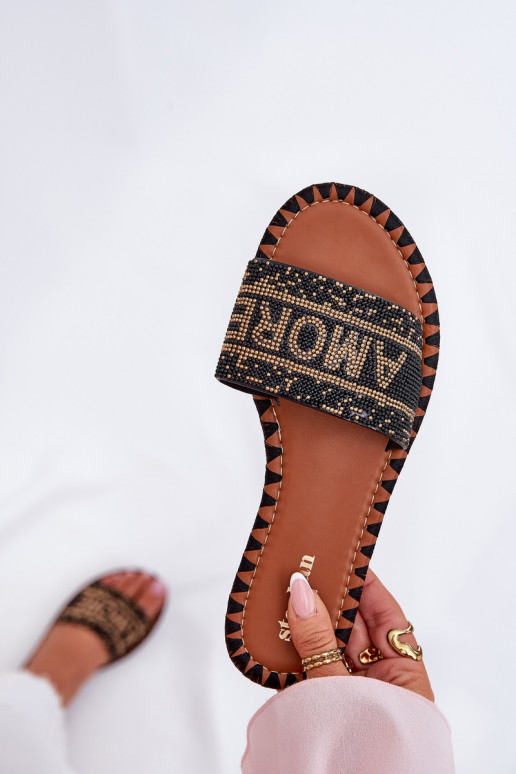 Moteriškos šlepetės su plačiais kulniukais Su dekoracija juodos spalvos Dorfedi