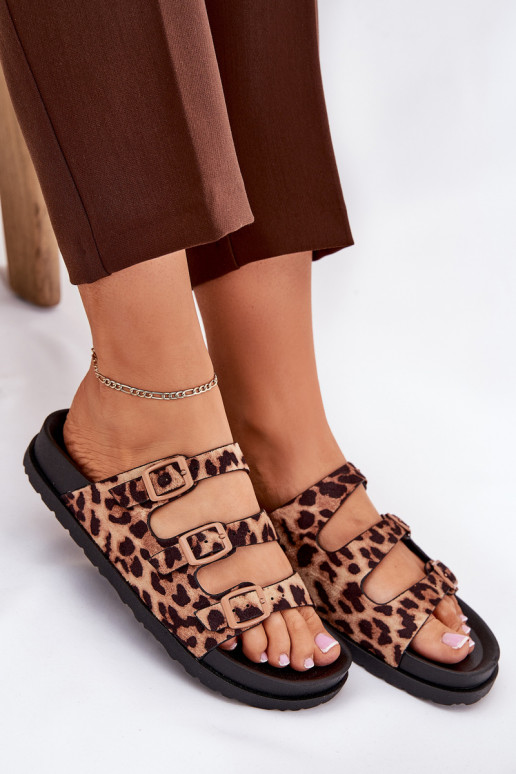 Moteriškos šlepetės su juostelėmis I su sagtimismi su leopardo kailio raštais rudos spalvos Uliri