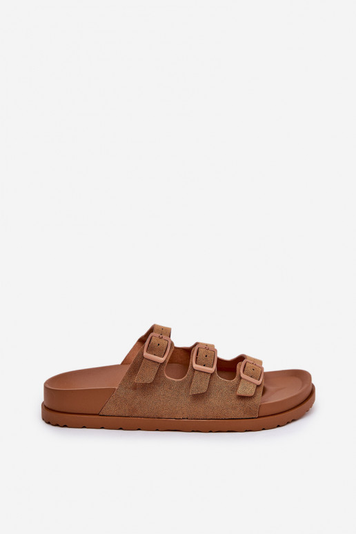 Moteriškos šlepetės su juostelėmis I su sagtimismi rudos spalvos Uliri