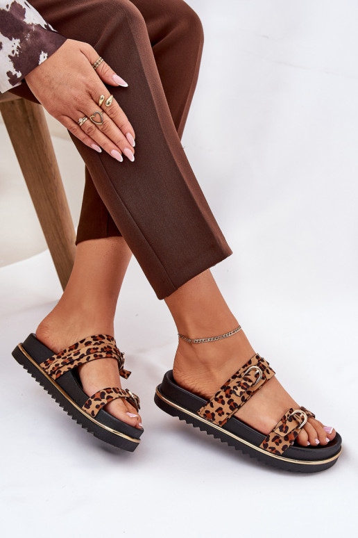 Moteriškos šlepetės su leopardo kailio raštais su platforma su juostelėmis I su sagtimismi rudos spalvos Ziferte