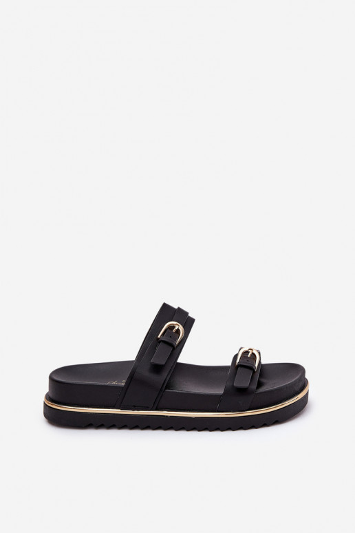 Moteriškos šlepetės Sklandžiai su platforma su juostelėmis I su sagtimismi juodos spalvos Ziferte