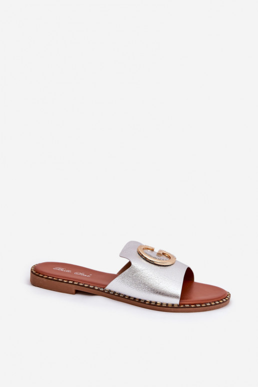 Eko Oda lygiapadžiai Moteriškos šlepetės Su puošniais Detalem sidabro spalvos Frelie