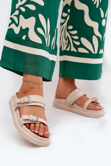 Moteriškos šlepetės su platforma Ze aukso spalvosmi su sagtimismi smėlio spalvos INernone