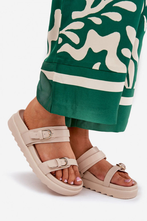 Moteriškos šlepetės su platforma Ze aukso spalvosmi su sagtimismi smėlio spalvos INernone