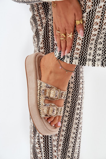 Moteriškos šlepetės su platforma su sagtimis I Plecionką chaki spalvos Limme 2