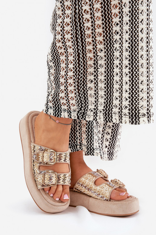 Moteriškos šlepetės su platforma su sagtimis I Plecionką chaki spalvos Limme