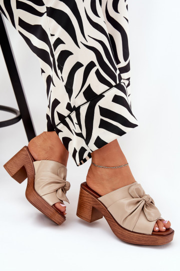 Moteriškos šlepetės su kulniukais iš eko odos smėlio spalvos Kikilla