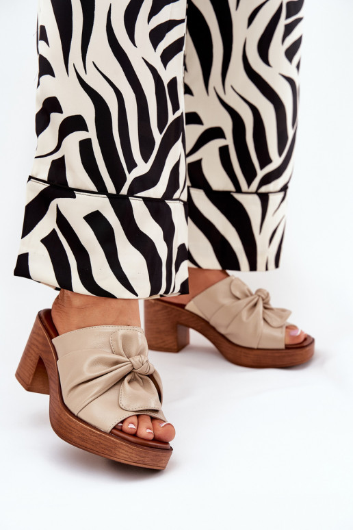 Moteriškos šlepetės su kulniukais iš eko odos smėlio spalvos Kikilla