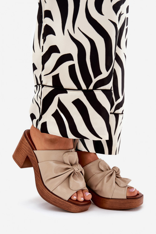 Moteriškos šlepetės su kulniukais iš eko odos smėlio spalvos Kikilla